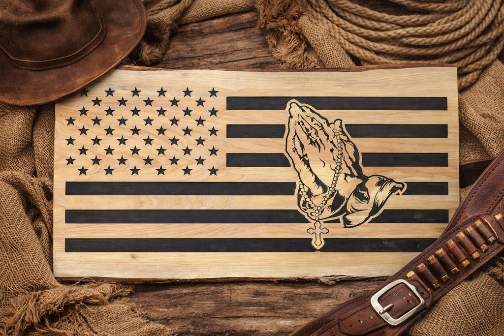 Rustic American Flag Praying Hands Plaque | Handmade Patriotic Christian Wall Art