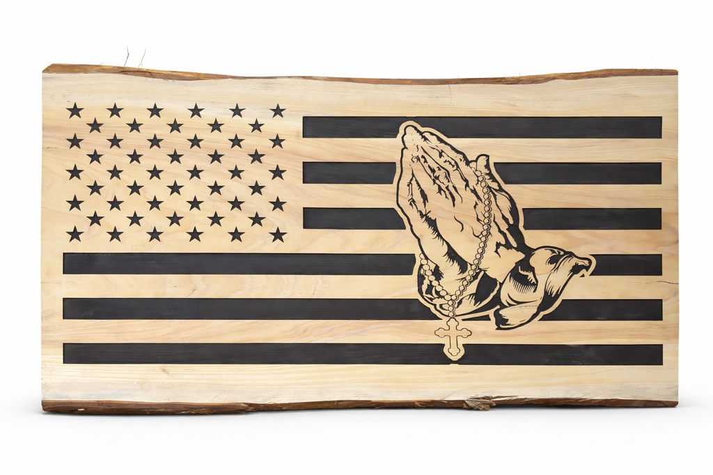 Rustic American Flag Praying Hands Plaque | Handmade Patriotic Christian Wall Art