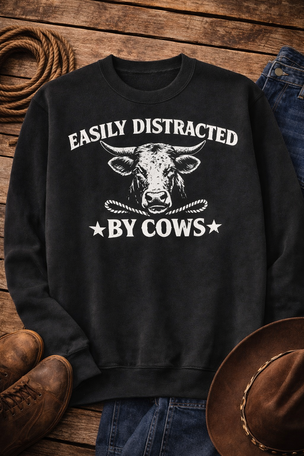 Easily Distracted by Cows Western Graphic Crewneck