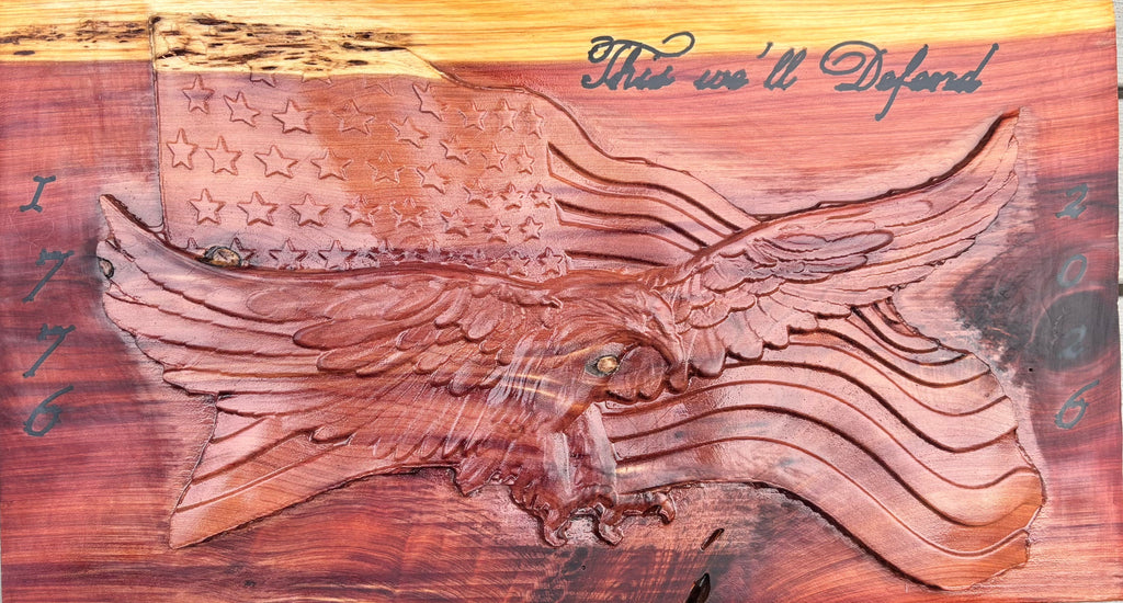 American Eagle & Flag Cedar Plaque -- Land of the free