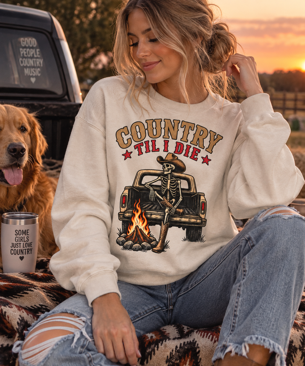 Country Til I Die Western Skeleton Crewneck Sweatshirt