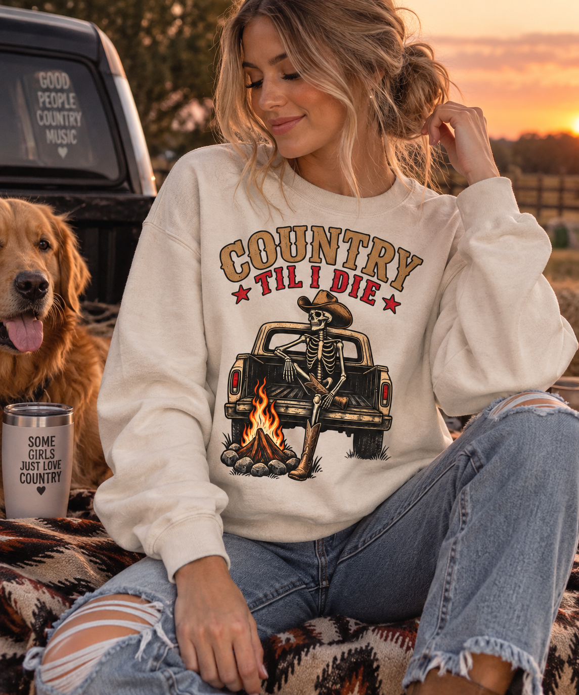 Country Til I Die Western Skeleton Crewneck Sweatshirt