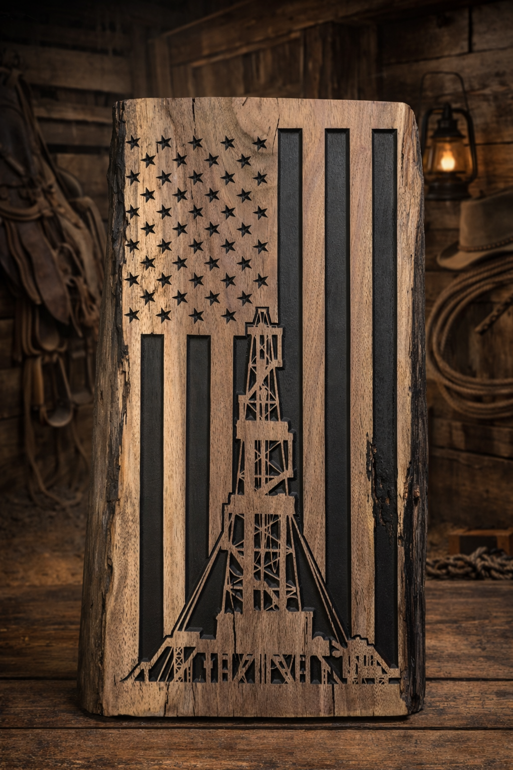 American Grit Oil Rig Walnut Plaque — Built by Hard Work & Freedom