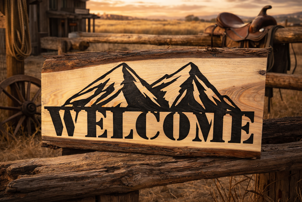 Rustic Mountain Welcome Wood Sign – Handcrafted Cabin Style Wooden Welcome Plaque