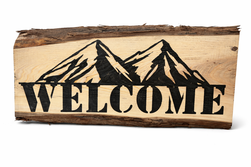 Rustic Mountain Welcome Wood Sign – Handcrafted Cabin Style Wooden Welcome Plaque
